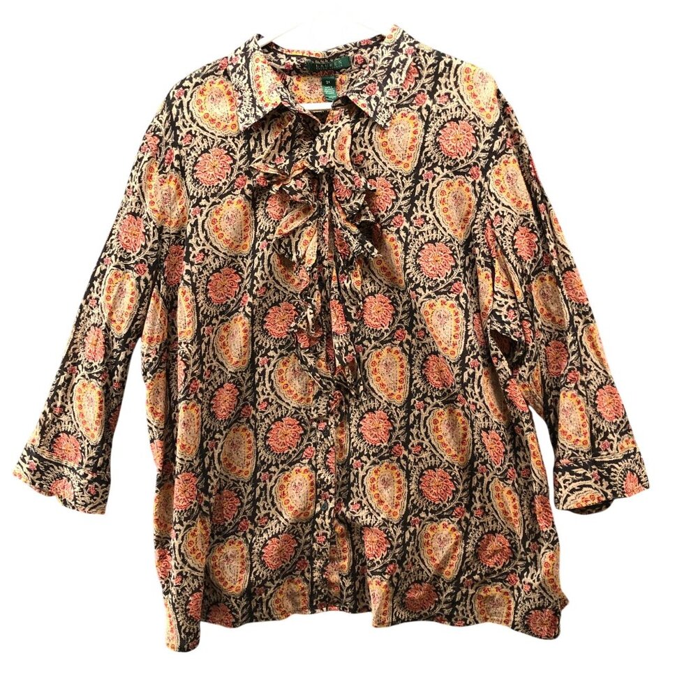 Lauren Ralph Lauren Ruffle Blouse Womens 3XL 3/4 Sleeve Paisley Print Orange